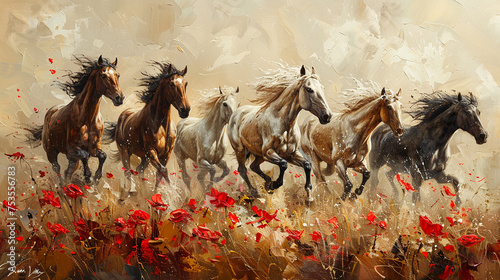 Art abstraction  plants  flowers  golden grains. Oil on canvas. Brush the paint. Animals  horses
