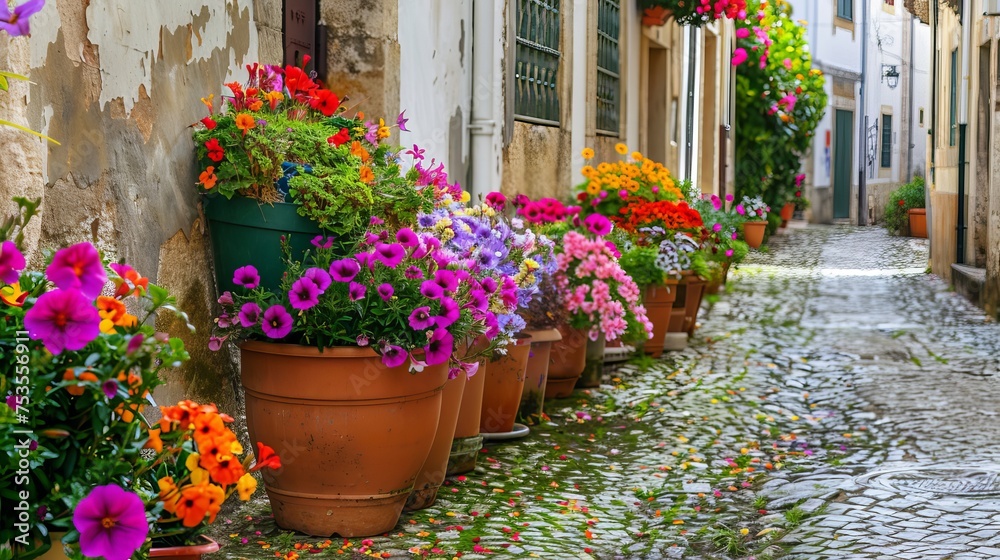 Pots of colorful flowers blooming in the summer