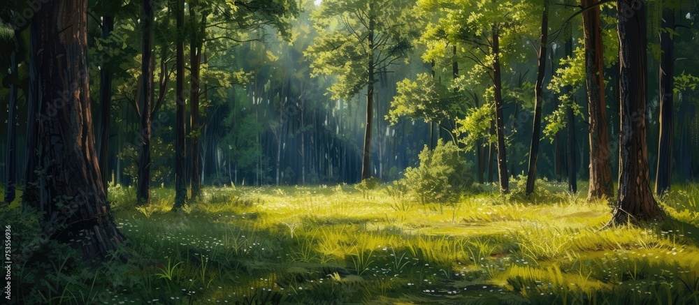 Obraz premium Sunny day, sparse forest, sunlit trees and grassy clearing.
