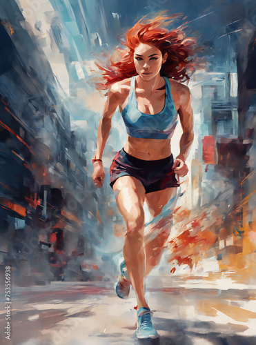 Ai Illustration Of A Female Athlete Running, Painting Style