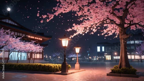 Landscape illustration of city square buildings with beautiful lights and cherry blossoms at night. Anime art style