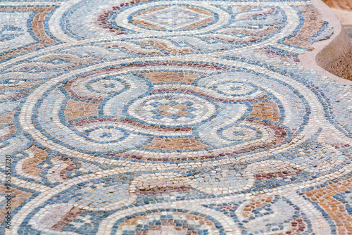 Intricate Laodicean church floor mosaic, swirling patterns, blue, beige, and red tesserae. Laodicea ancient city, Denizli, Turkey (Turkiye)