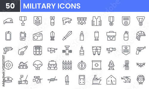 Military vector line icon set.Contain linear outline icons like Soldier, War, Weapon, Rocket, Pistol, Knife, Gun, Army, Helicopter, Revolver, Grenade, Dynamite, Rifle, Helmet. Editable use and stroke. photo