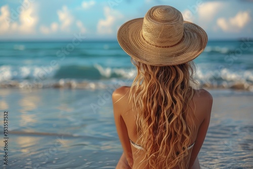 A relaxing scene of a woman with curly blonde hair enjoying a serene beach sunset while wearing a straw hat