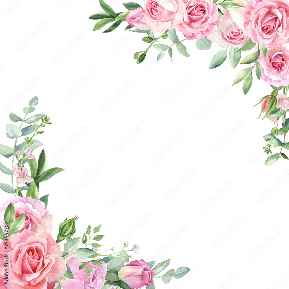 Pink Roses and Eucalyptus, Watercolor Corner Border for Wedding Invitations