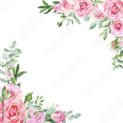 Fototapeta Naklejka Na Ścianę i Meble -  Pink Roses and Eucalyptus, Watercolor Corner Border for Wedding Invitations