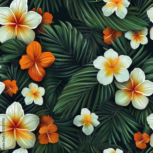 Tropical Flowers on Dark Green Background © Custom Media