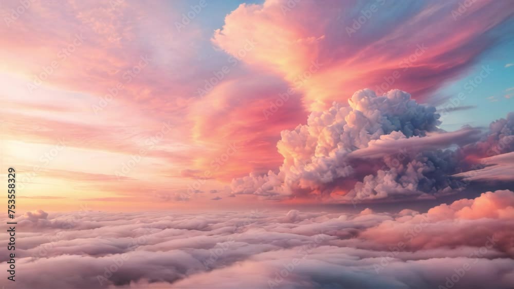 Dreamy cloudscape kissed by sunset’s rosy hue. Generative AI Video. ProRes HQ 59.94 FPS available in 4K 16:9.