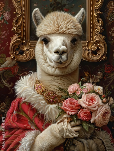  a meticulously detailed 4k portrait of a princely alpaca holding a bouquet