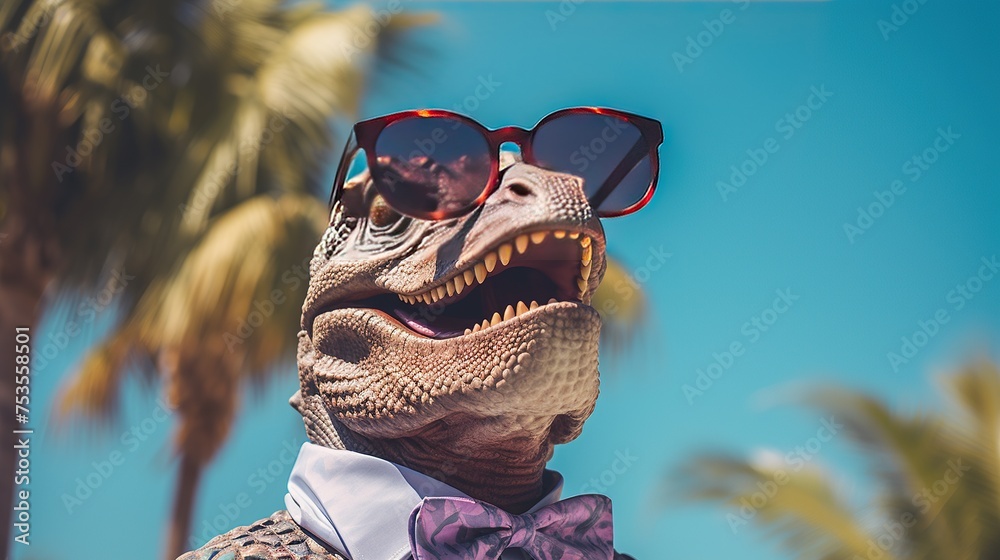 In a tropical setting, a dinosaur sports sunglasses and a bow tie, evoking a lighthearted holiday vibe ideal for fun, travel-themed campaigns or creative leisure industry promotions.