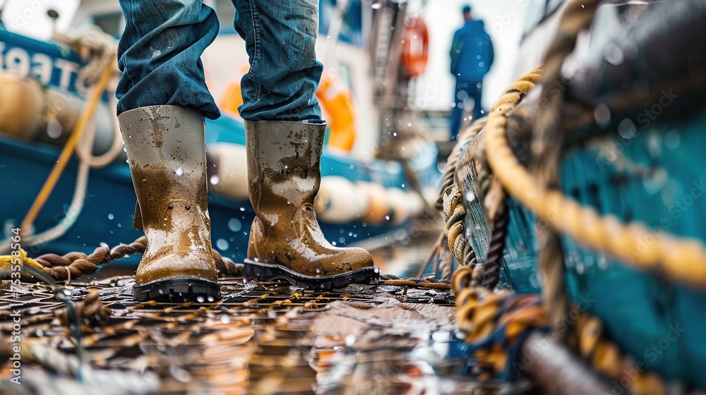 Obraz premium A fisherman stands on a boat, decked in protective gear, amid a marine setting suggesting themes of seafood industry or nautical lifestyle, the photograph exudes a strong sense of daily labor