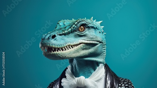A dinosaur with a stylish cravat and an air of distinction poses against a teal backdrop, an iconic image that meshes whimsy with high fashion for a distinctive creative expression.