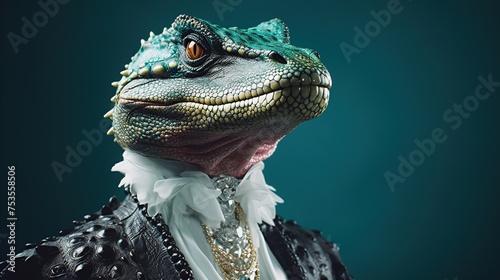A dinosaur adorned with elegant ruffles and jewels radiates high-fashion glamor, ideal for avant-garde visuals or to add a luxurious touch to creative projects.