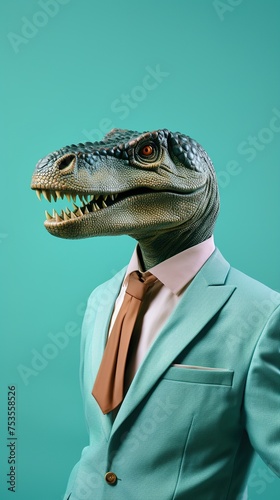 A dinosaur dons a business suit, exuding a sophisticated and quirky charm in a creative blend of the prehistoric with contemporary fashion, suitable for engaging visual narratives