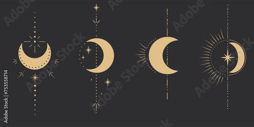 Set gold mystic moon celestial astrology magic element with rays, stars, burst minimal line tattoo, border or decoration isolated on dark background. Space symbols, emblem.