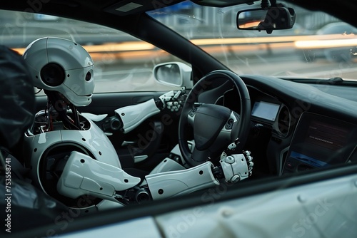 Cyborg in a modern car. Robot driving a car