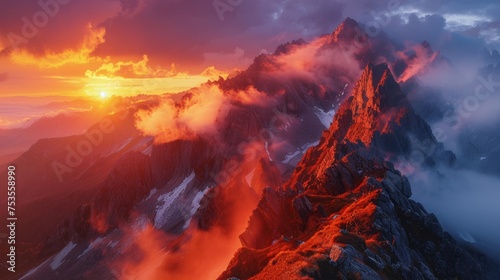 Mountain Peaks and Clouds at Sunset in Tatra Mountains