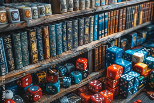 Array of various colorful dice and ornate vintage books lined on wooden shelves create a vibrant composition