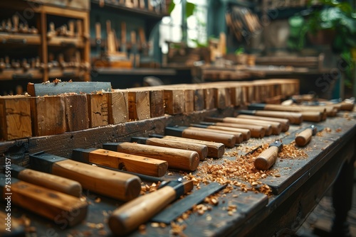 Craftsman tools and wood shavings on a well-worn workbench in a traditional woodworking shop