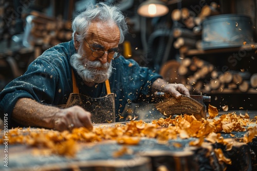 An elderly craftsman expertly uses a hand plane in his woodworking shop, surrounded by flying shavings © familymedia