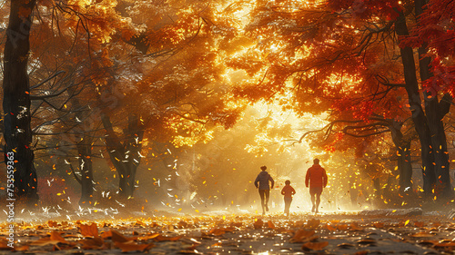 Family walking through a sunlit autumn park with falling leaves. © visual artstock