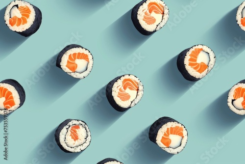 Seamless Pattern of Sushi Rolls on Light Blue Background