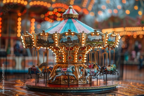 An enchanting carousel brightly lit with lights stands out in the jubilant atmosphere of a funfair, evoking feelings of joy and nostalgia
