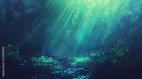 Mystical Underwater Scene with Sunbeams © tongpanyaluk