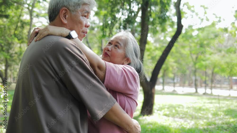 Elderly couple standing and hugging each other in the garden They smile happily. Living happily in retirement. Health care. Elderly society Elderly couple standing and hugging each other in the garden They smile happily. Living happily in retirement. Health care. Elderly society