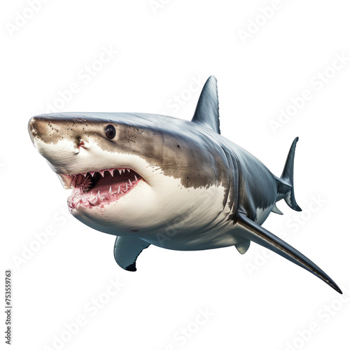 Portrait of a great white shark on isolated transparent background PNG cut out clipart.