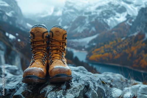 A pair of hiking boots rests on a rock with an idyllic mountain lake in the background