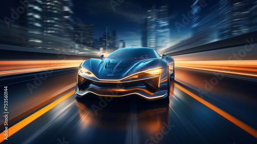 Futuristic Sports Car On Highway. Powerful acceleratio