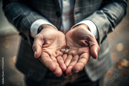 Detailed Shot of Man's Hands Holding Wedding Ring