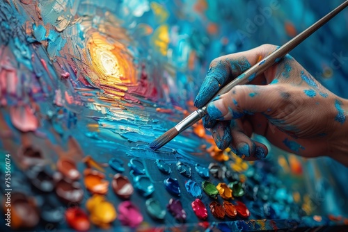Vibrant close-up shot of artist's hand holding a brush painting a colorful canvas with oils, depicting the creative process