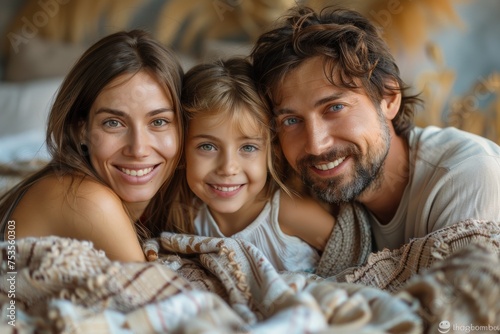A family of three enjoying a cozy moment in bed, exuding a sense of warmth and togetherness photo
