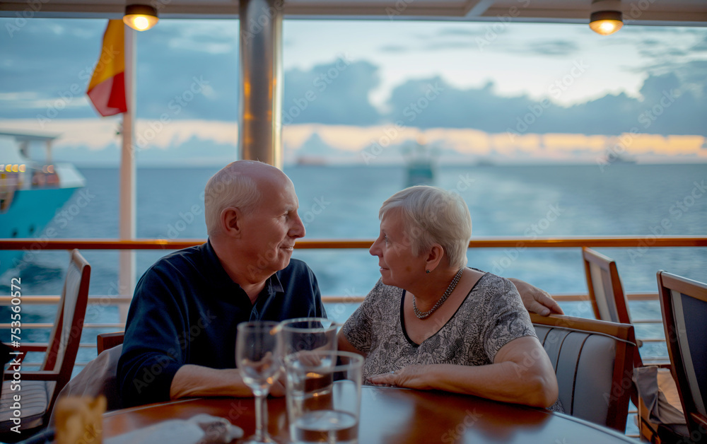 Happy middle aged retired couple on a cruise, enjoying peaceful moment together