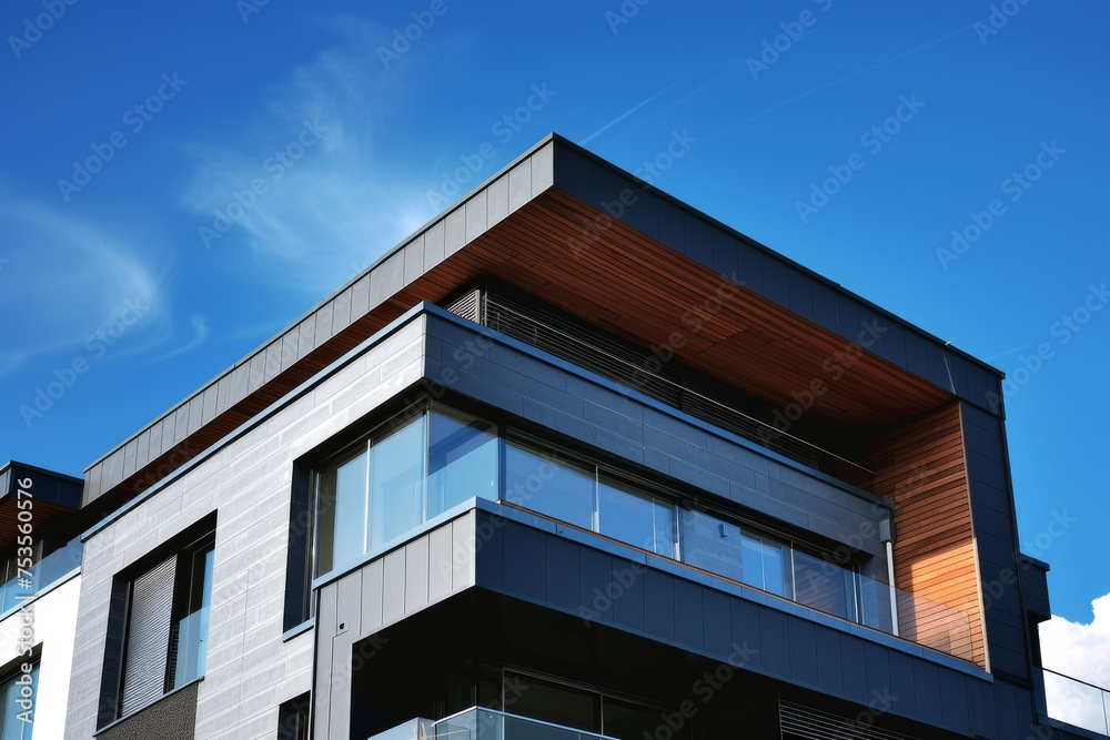 A sleek slate gray house against the backdrop of a clear blue sky