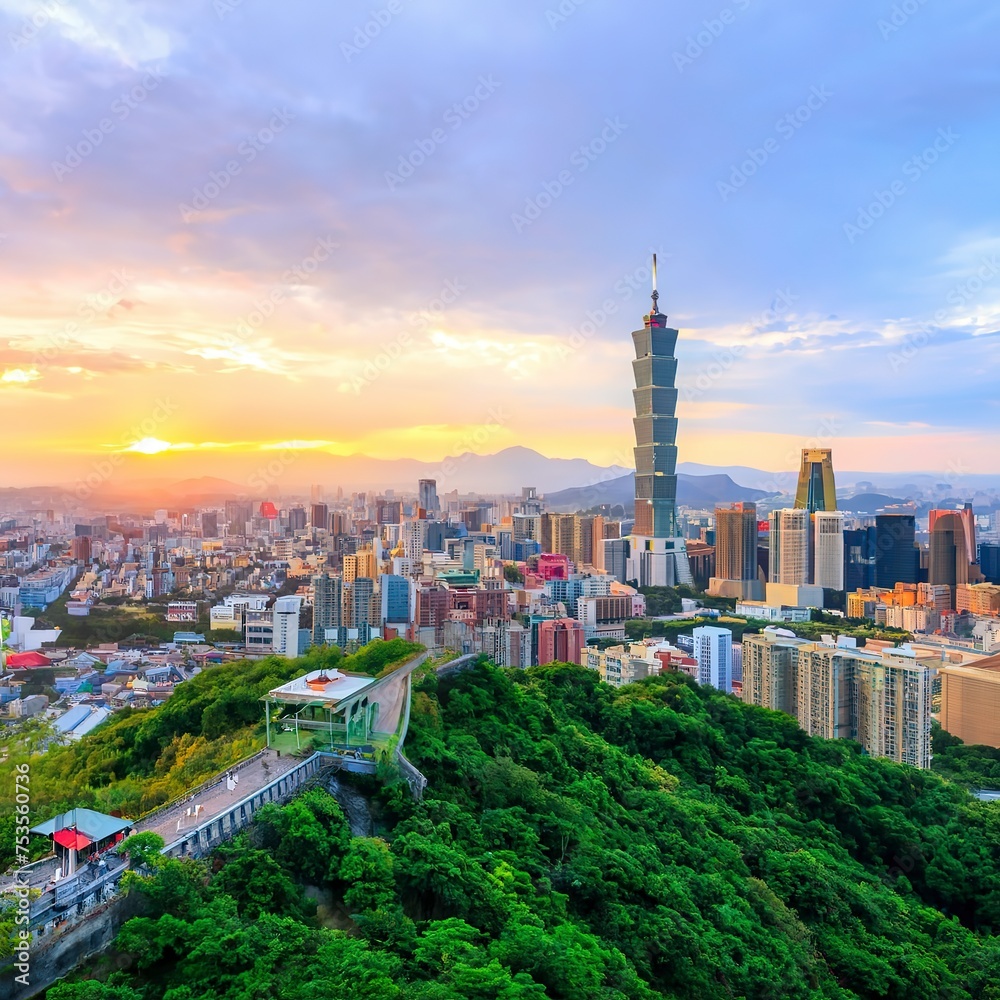 Obraz premium Taipei, Taiwan city skyline at sunset from view of Taipei City, make a hike to the top of Elephant Mountain