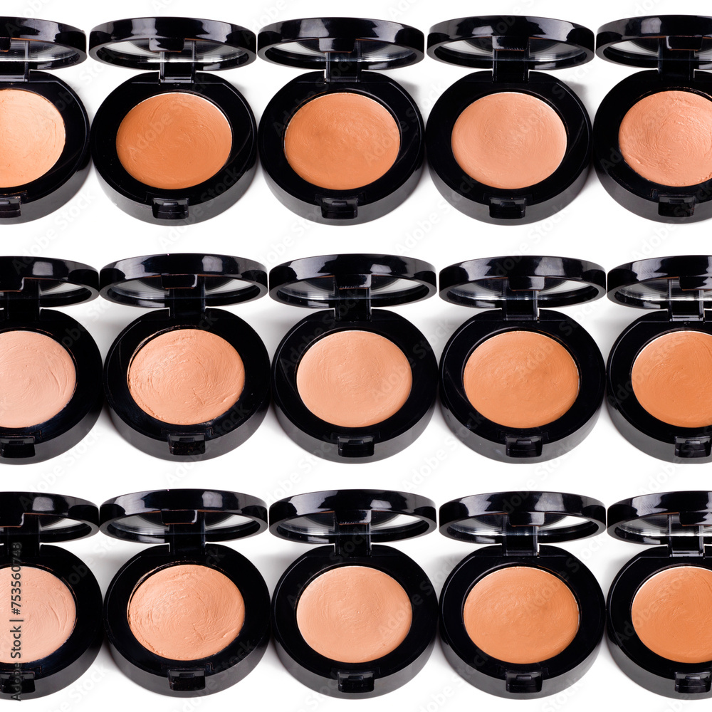Foundation, powder and makeup product for beauty with texture in container, studio and white background. Aesthetic, transformation and choice of shades or colour for application of cosmetics pallet Foundation, powder and makeup product for beauty with texture in container, studio and white background. Aesthetic, transformation and choice of shades or colour for application of cosmetics pallet