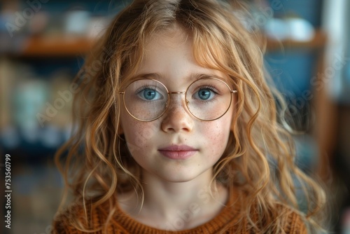 Portrait of a contemplative young girl with large glasses and beautiful curly hair