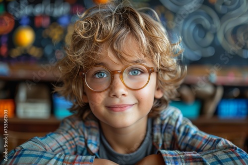 A happy boy with stylish eyewear and curly hair gives a warm smile in a classroom setting