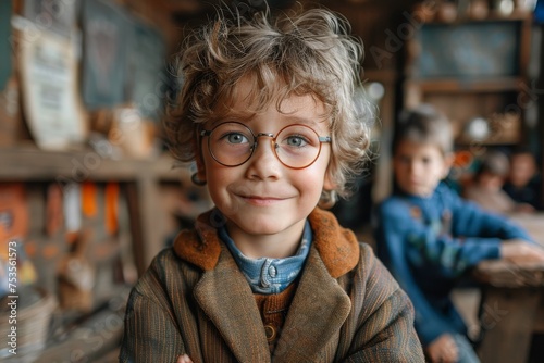 Curly haired young boy wearing glasses and a brown jacket smiles in a classroom setting photo