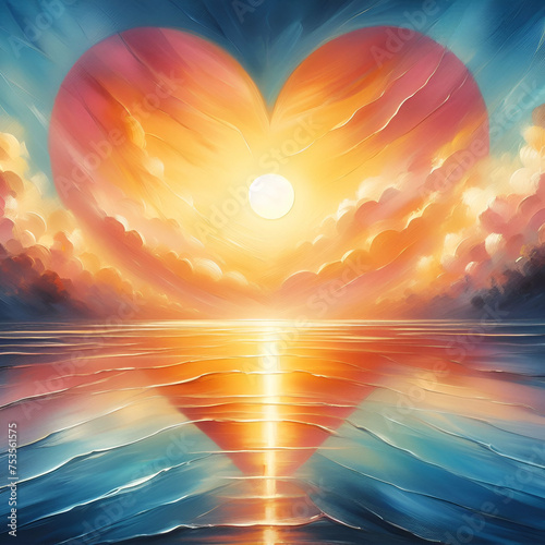 A heart-shaped sunset over a tranquil seascape, reflecting the peacefulness and serenity of love
