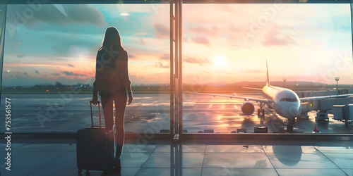 Plan your next adventure, Travel tourist standing with luggage watching sunset at airport window., woman going on a business trip at the airport  photo