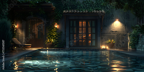 A lit up pool in a courtyard with a lit candle.   Evening glow around courtyard pool with candle.