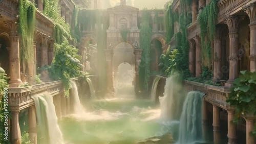 Heavenly scene with sunlit ancient ruins of a temple with cascading waterfalls, surrounded by lush greenery and intricate stone architecture - Animation of the Heaven for a mental and spiritual peace  photo