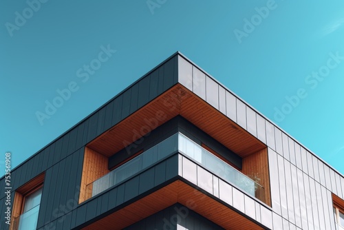 A charcoal gray house against the clear blue sky