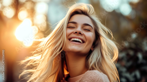happiness captured in a woman's joyful expression under the sunshine, smiling brightly