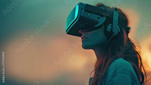 Young Woman Experiencing Virtual Reality at Sunset photo