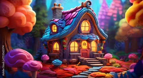 A cozy house nestled in a vibrant and colorful forest, cartoon style, with ultra-detailed textures